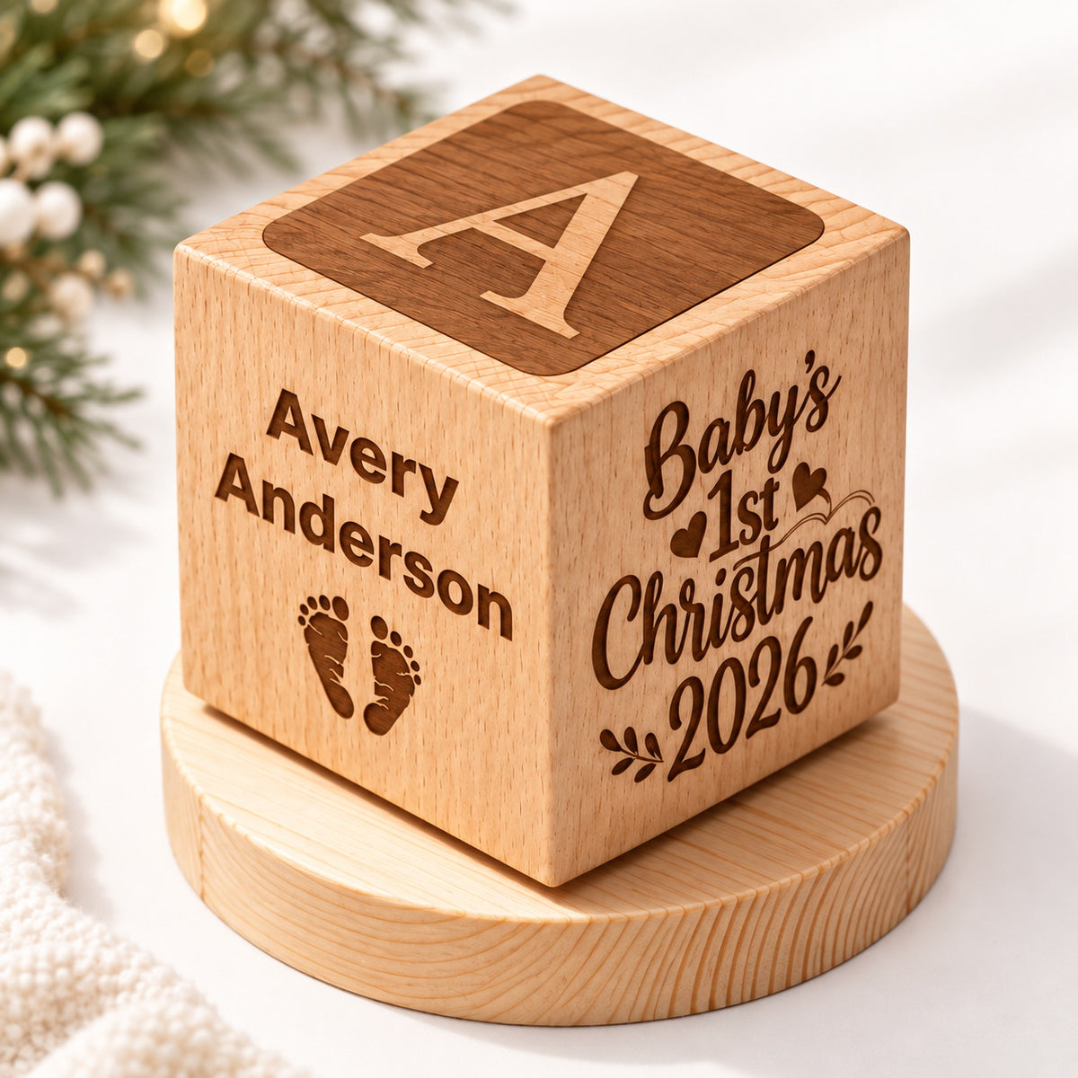 Personalized wooden Baby's First Christmas cube with custom name, initial, baby footprints, and holiday engraving