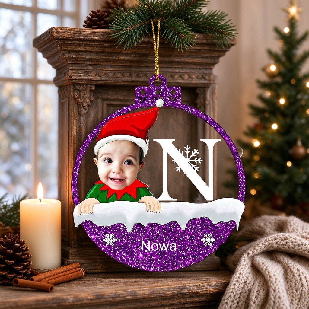 Personalized Baby Photo Christmas Ornament with Initial, Name - gift presentation