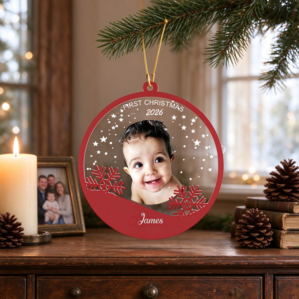 Personalized Baby Photo Christmas Ornament with Name and First Christmas Year - main product view