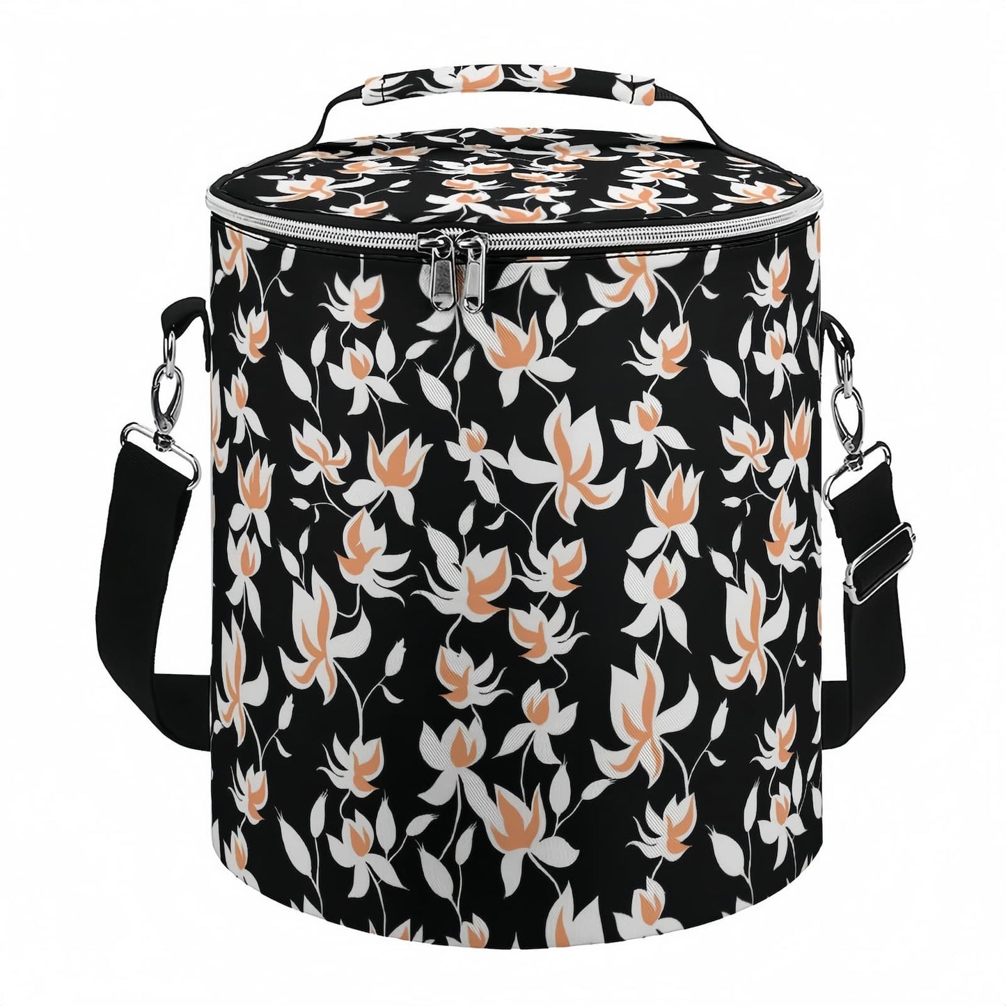 Personalized Barrel Cooler Bag with stylish floral print, showing handle and detachable strap.