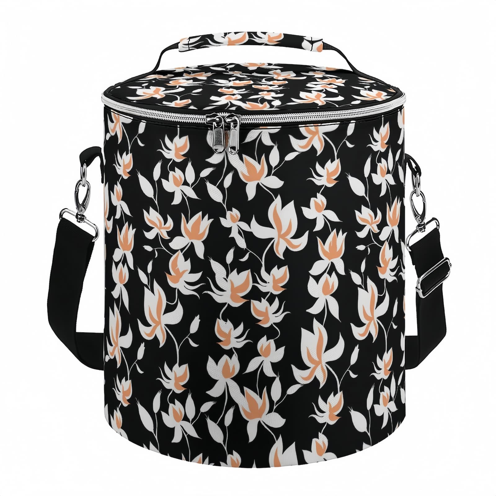 Personalized Barrel Cooler Bag with stylish floral print, showing handle and detachable strap.