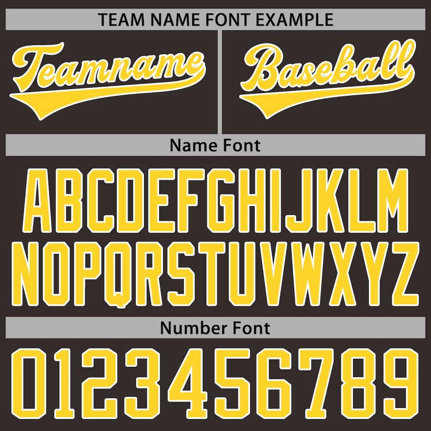 Personalized Baseball Jersey font examples for team name, name, and number stitching.