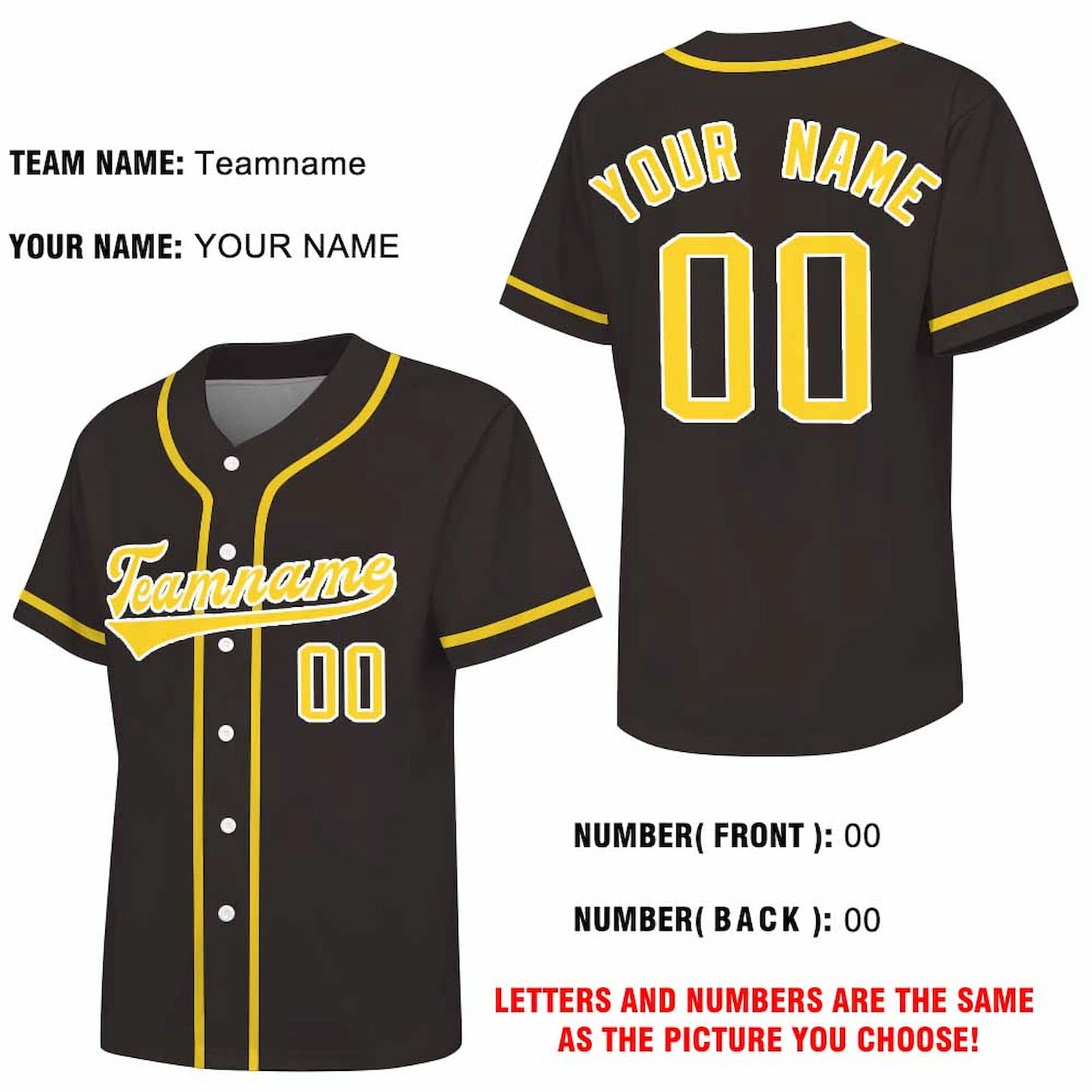 Personalized Baseball Jersey guide showing custom name, numbers (front/back), and fonts.