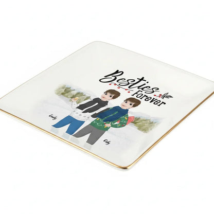Square personalized best friend keepsake dish with gold rim.