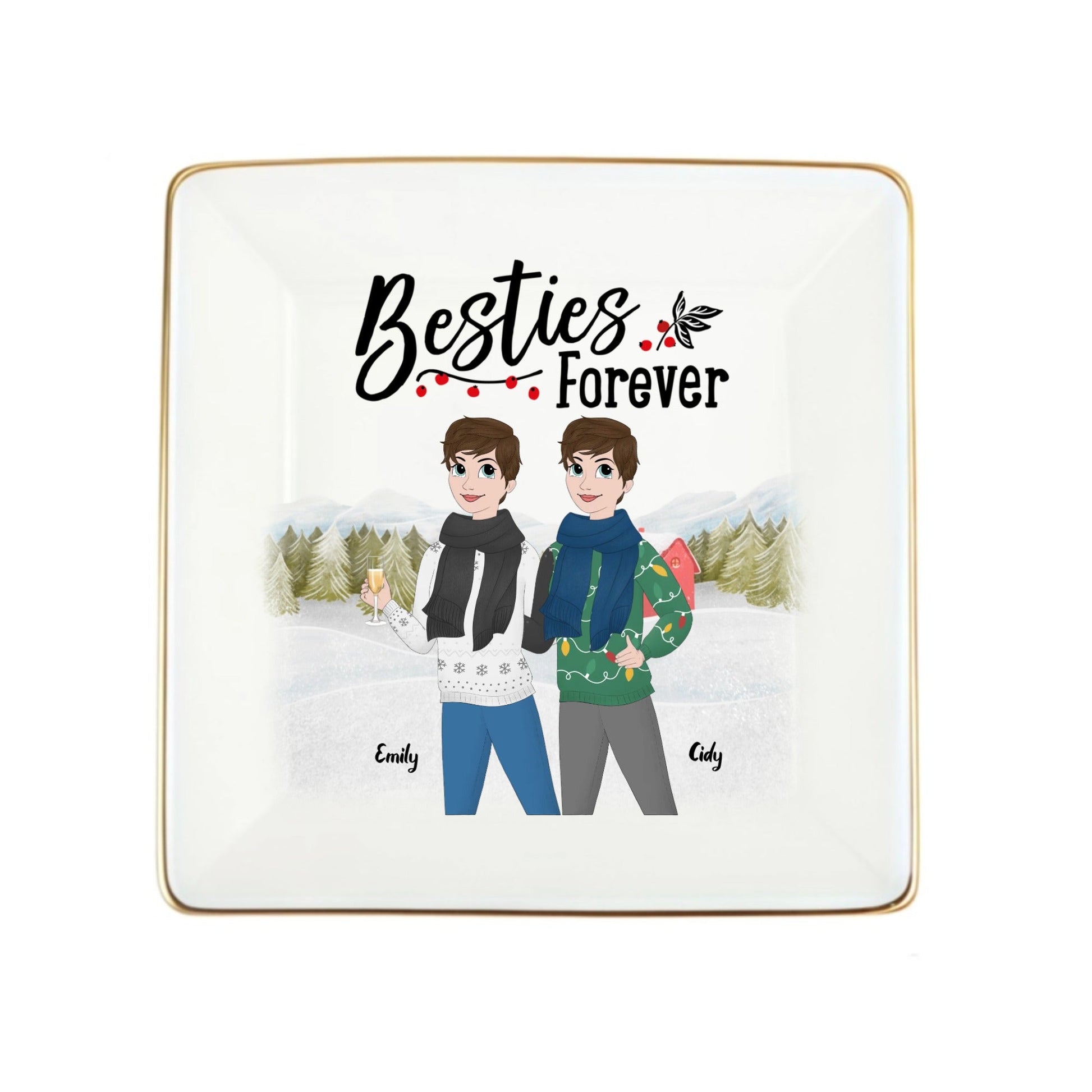 Personalized winter besties jewelry dish with names.