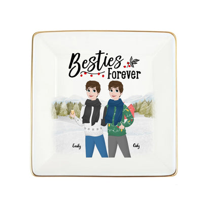 Personalized winter besties jewelry dish with names.