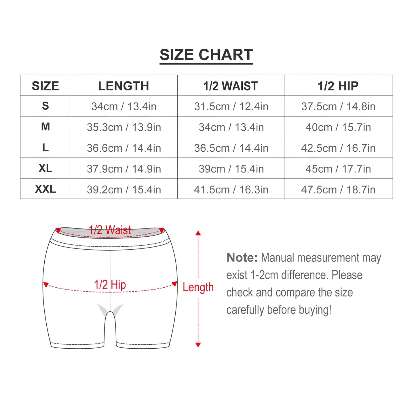 Size chart for personalized biker shorts showing waist hip and length in inches.