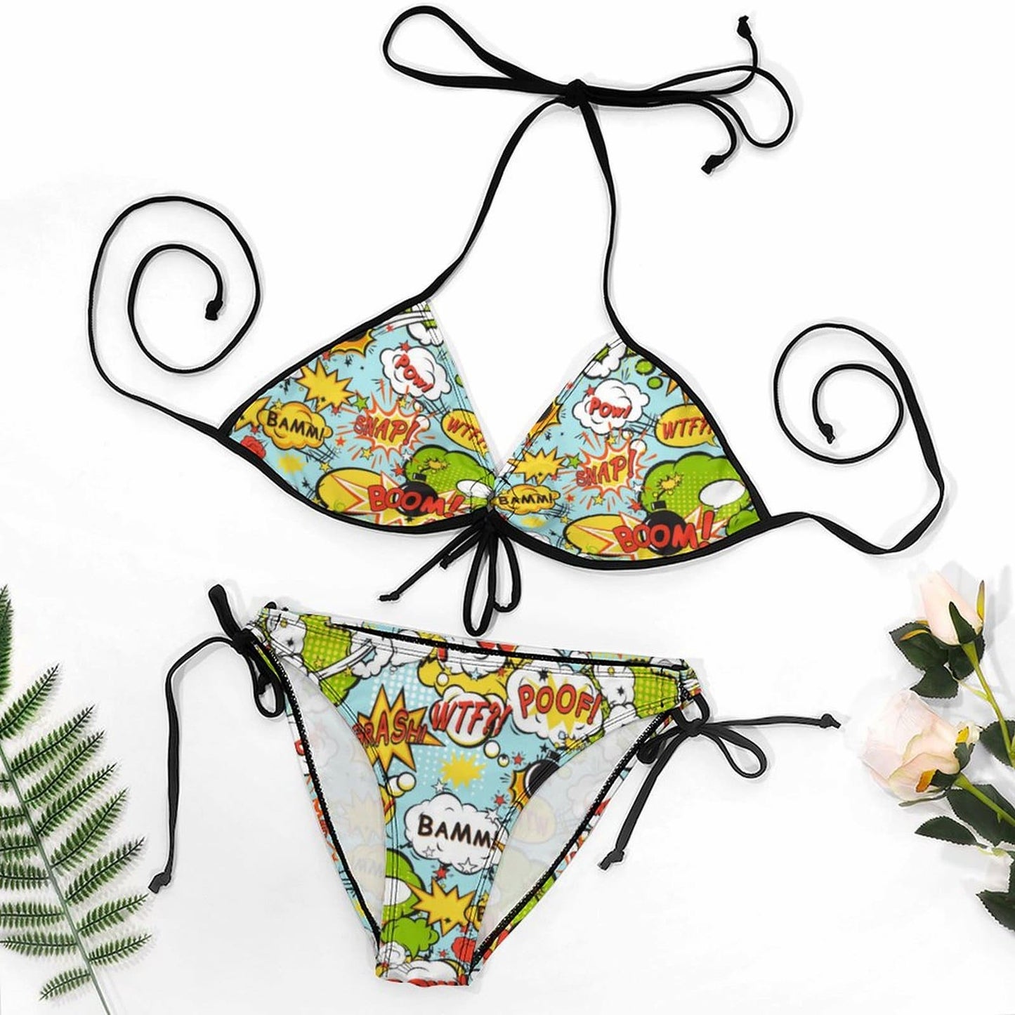 Personalized Bikini Set, showing the Custom Pop Art Print on the Triangle Top and Tie String Bottoms.