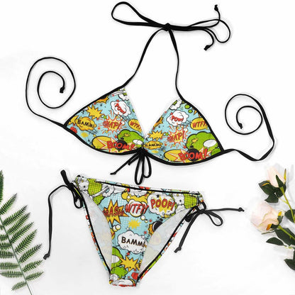 Personalized Bikini Set, showing the Custom Pop Art Print on the Triangle Top and Tie String Bottoms.