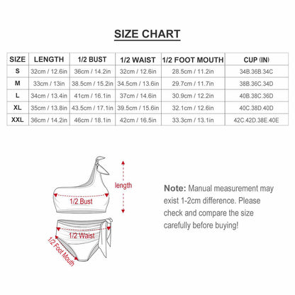 Size chart for high waisted one shoulder custom bikini sets S to XXL.