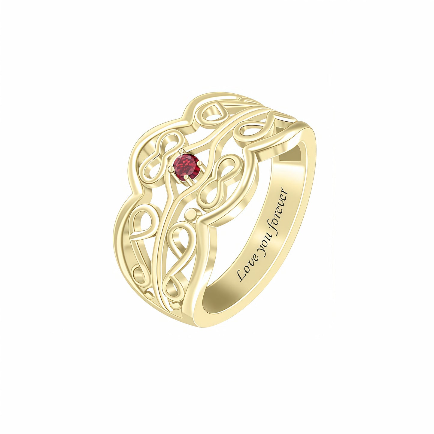 Personalized Gold Birthstone Ring with 1 Red Stone. Celtic knot band, engraved forever.