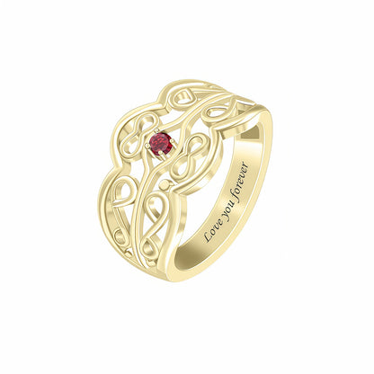 Personalized Gold Birthstone Ring with 1 Red Stone. Celtic knot band, engraved forever.