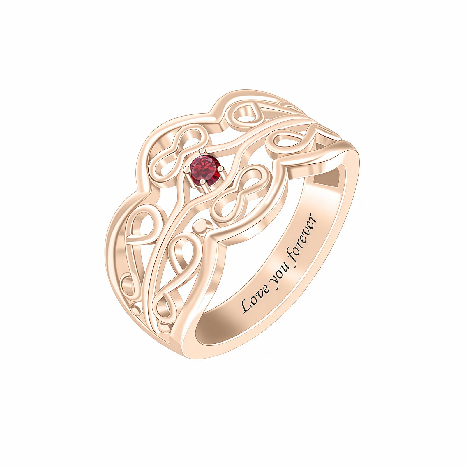 Personalized Rose Gold Birthstone Ring. Single Red Stone, Infinity Celtic Knot Engraved.