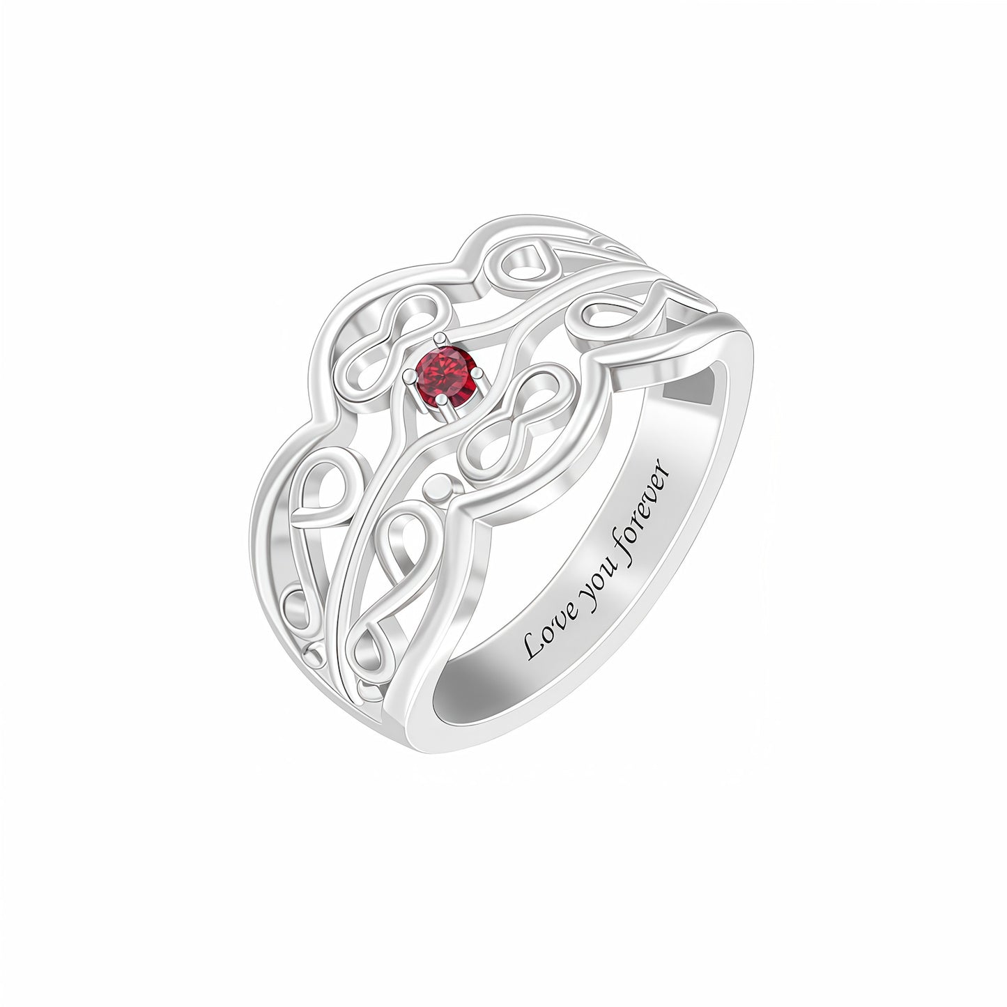 Personalized Silver Birthstone Ring with 1 Red Stone. Engraved Celtic knot band.