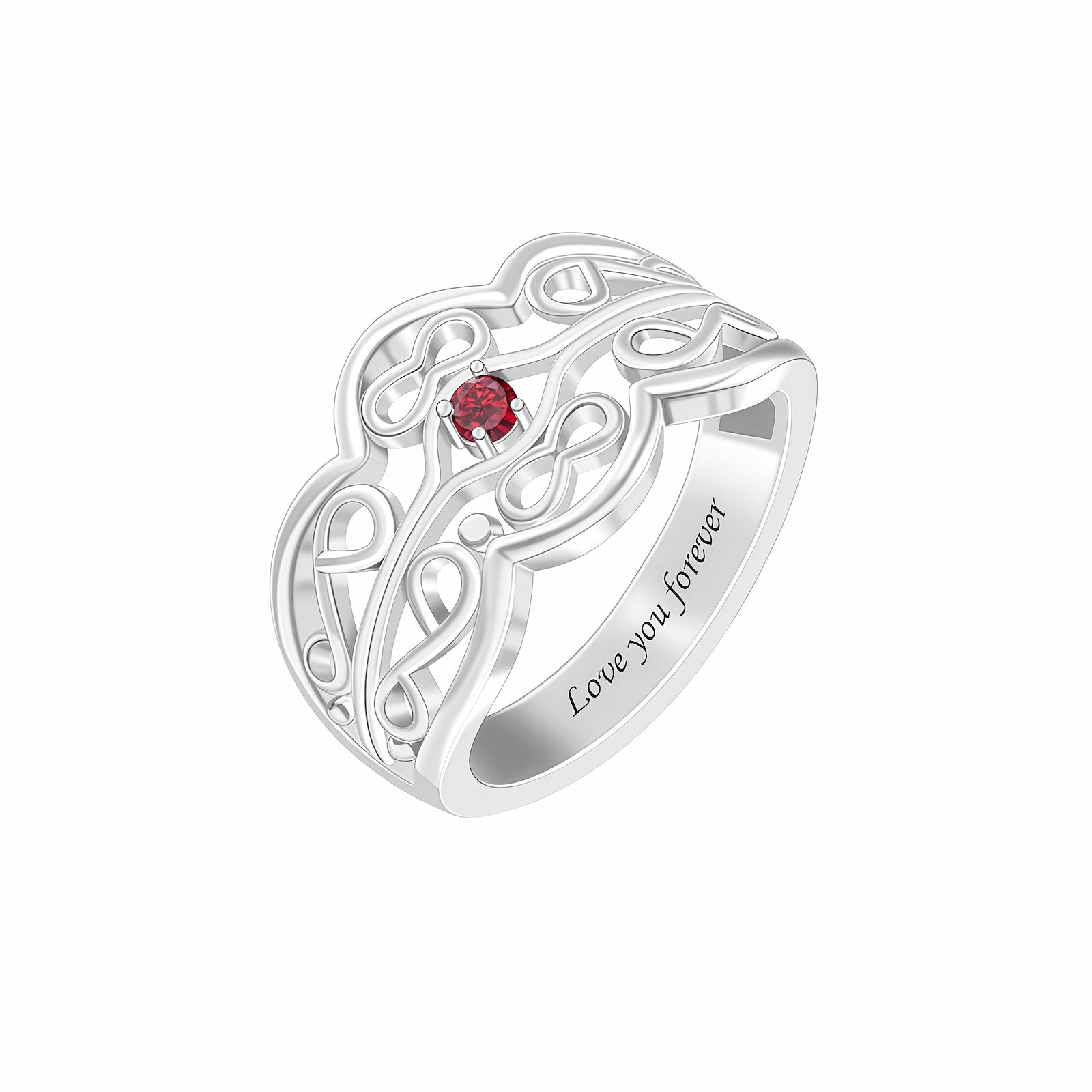 Personalized Silver Birthstone Ring with 1 Red Stone. Engraved Celtic knot band.