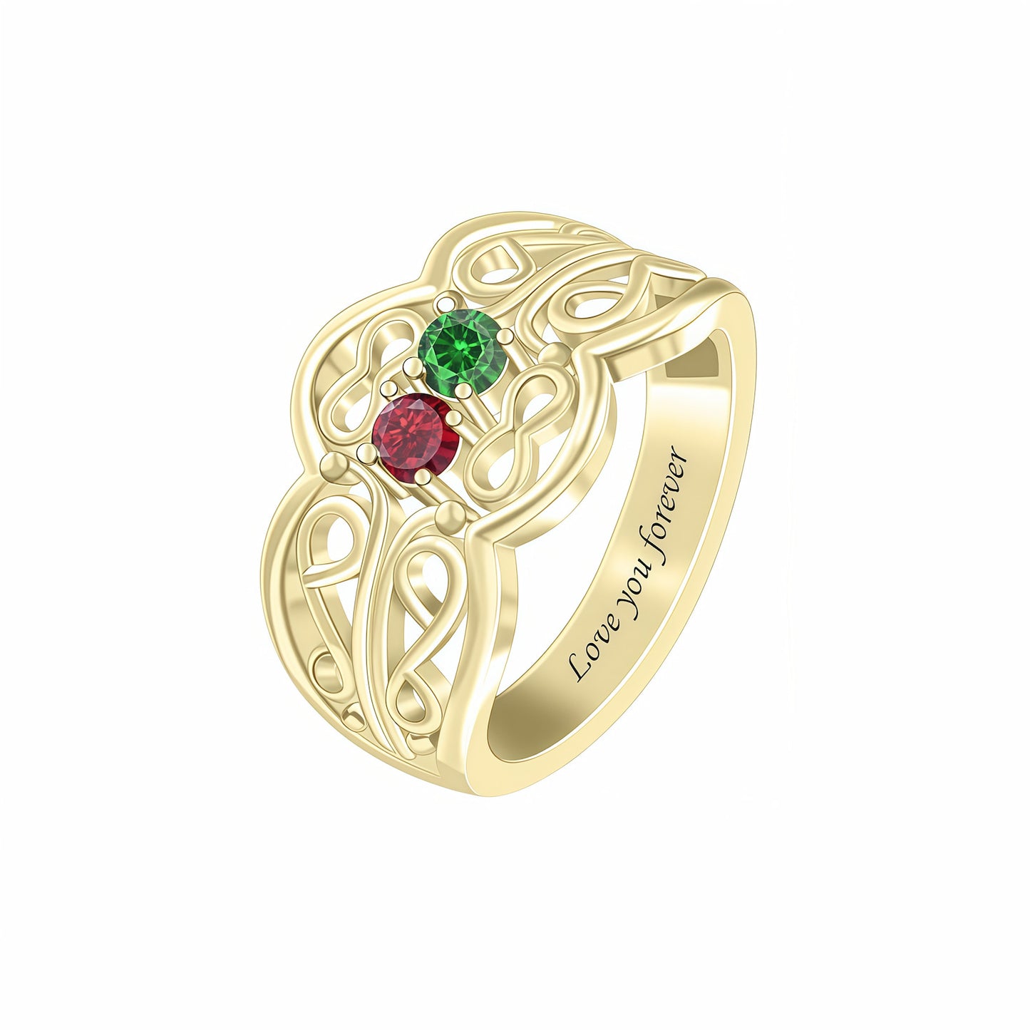 Personalized Gold Birthstone Ring with 2 Stones. Custom engraved band.
