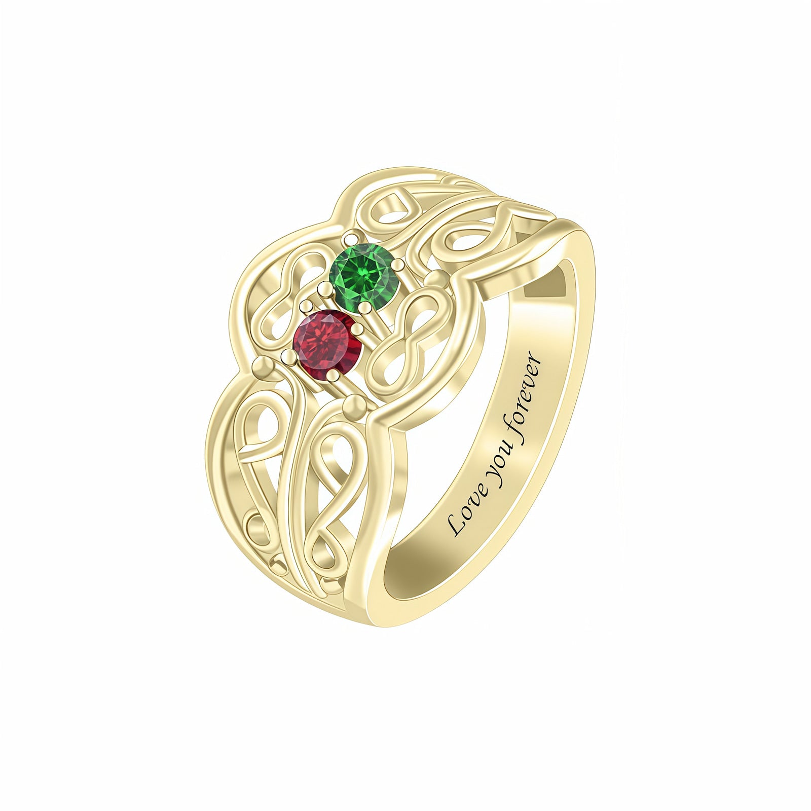 Personalized Gold Birthstone Ring with 2 Stones. Custom engraved band.