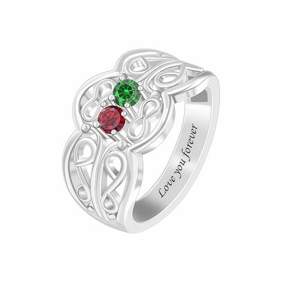 Personalized Silver Birthstone Ring with 2 Stones. Engraved Celtic design.