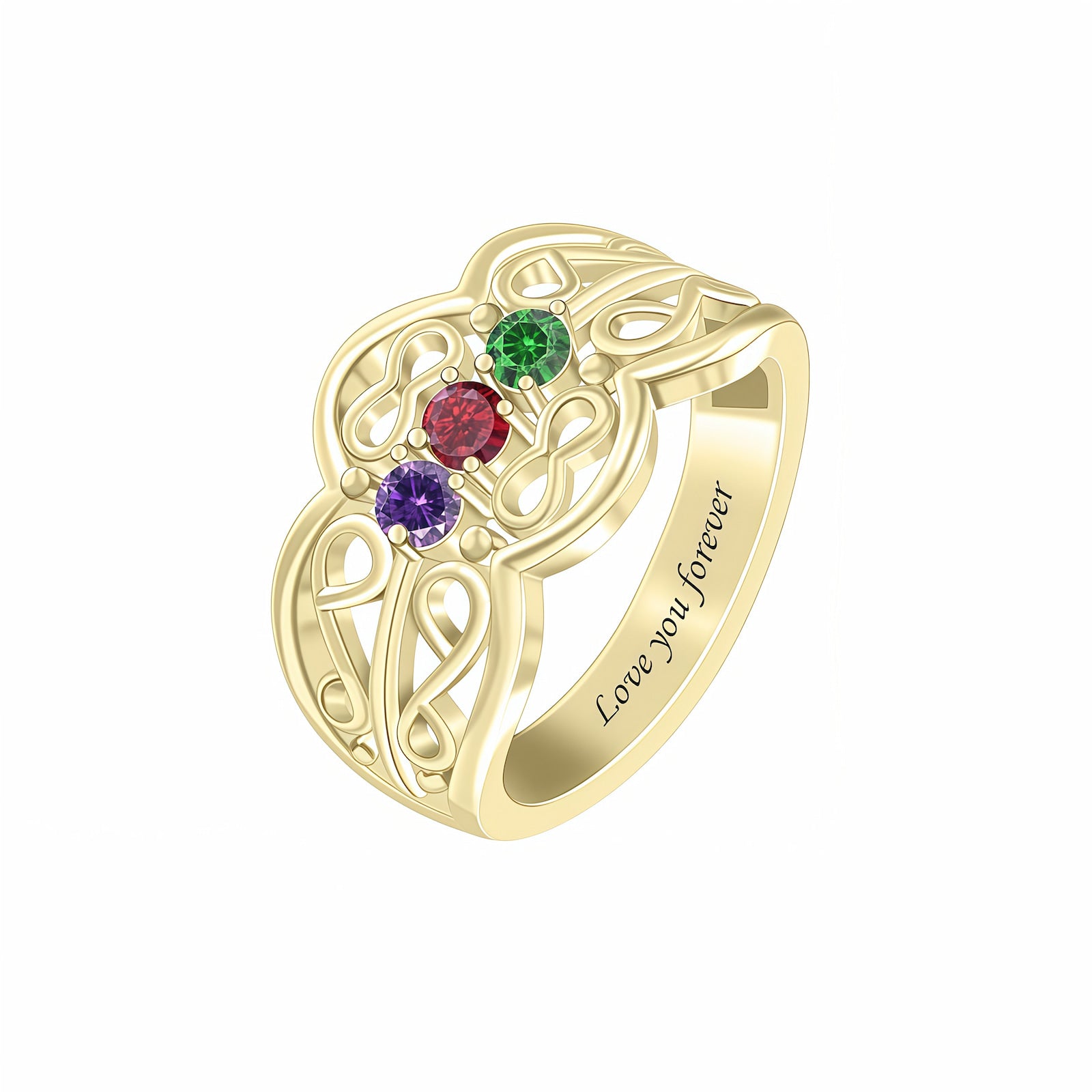Personalized Gold Birthstone Ring with 3 Stones. Purple, Red, Green. Engraved Celtic ring.