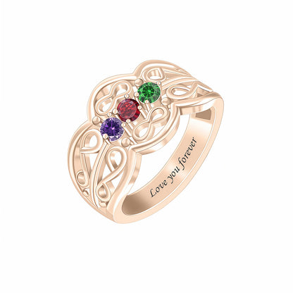 Personalized Rose Gold Birthstone Ring with 3 Stones. Custom Celtic knot ring. Engraved.