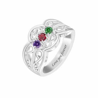 Personalized Silver Birthstone Ring with 3 Stones. Engraved text.