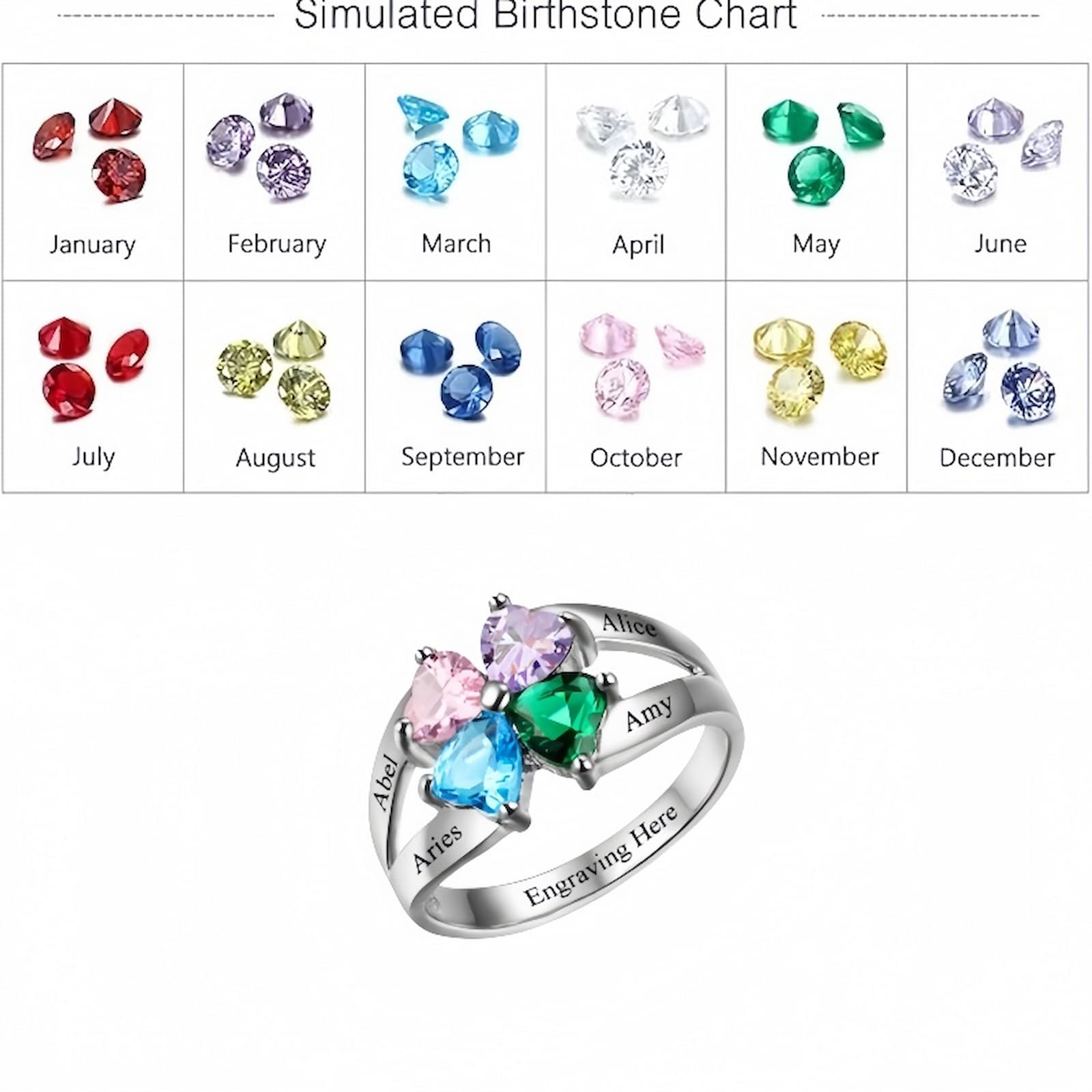 Personalized heart birthstone ring with simulated birthstone chart for custom name engraving.