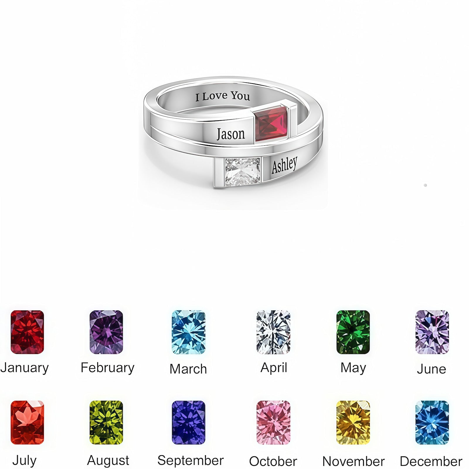 Chart of 12 birthstone colors for personalized silver ring for women.