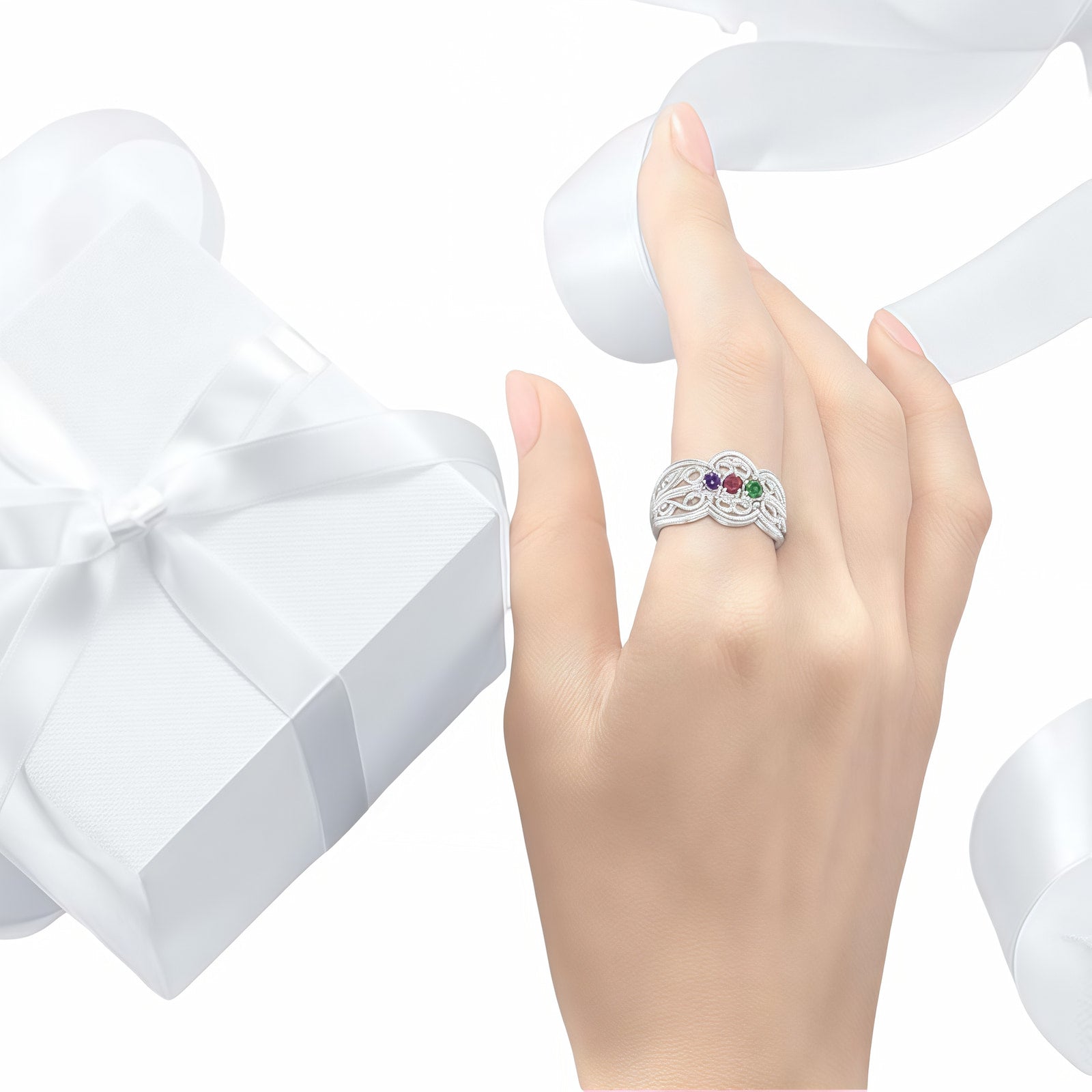 Personalized 3-Stone Birthstone Ring on hand. Engraved Celtic ring, perfect gift idea.