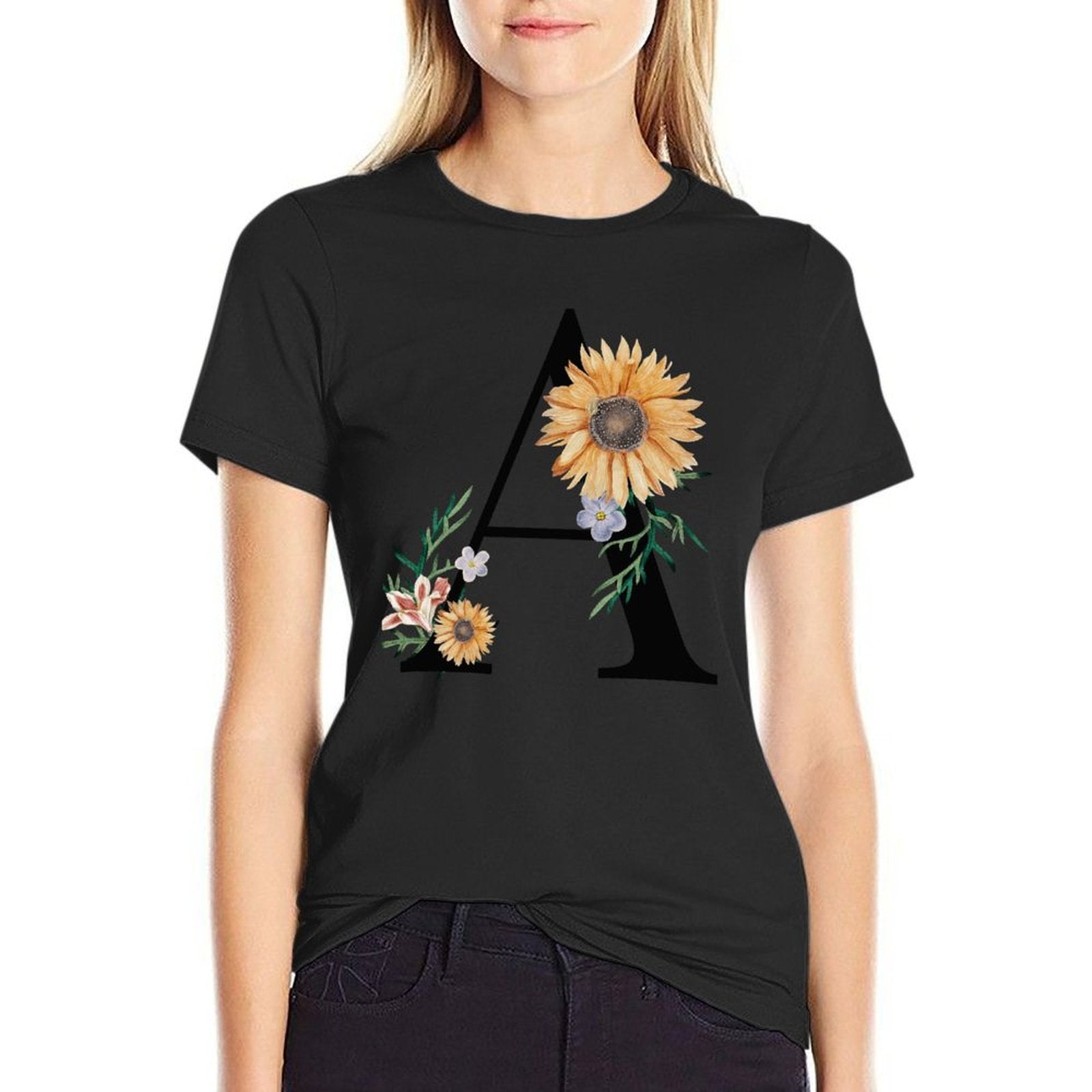 Personalized  Black T-Shirt Women model front. Custom Design Cotton Tee