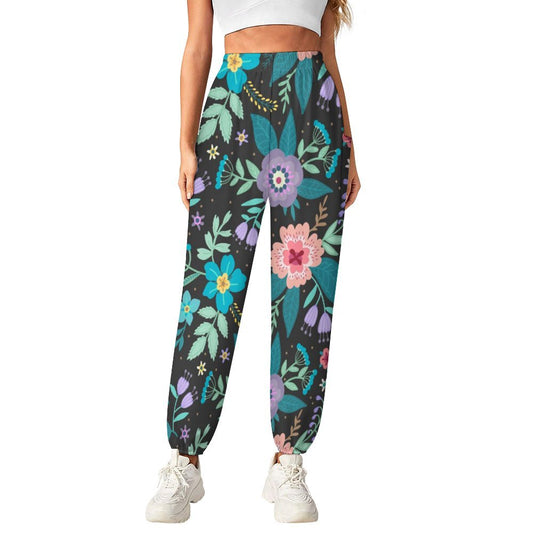 Women's personalized boho hippie harem yoga pants; custom floral print model.