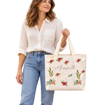 Personalized botanical floral teacher tote bag with custom name, showing the custom name and printed design.