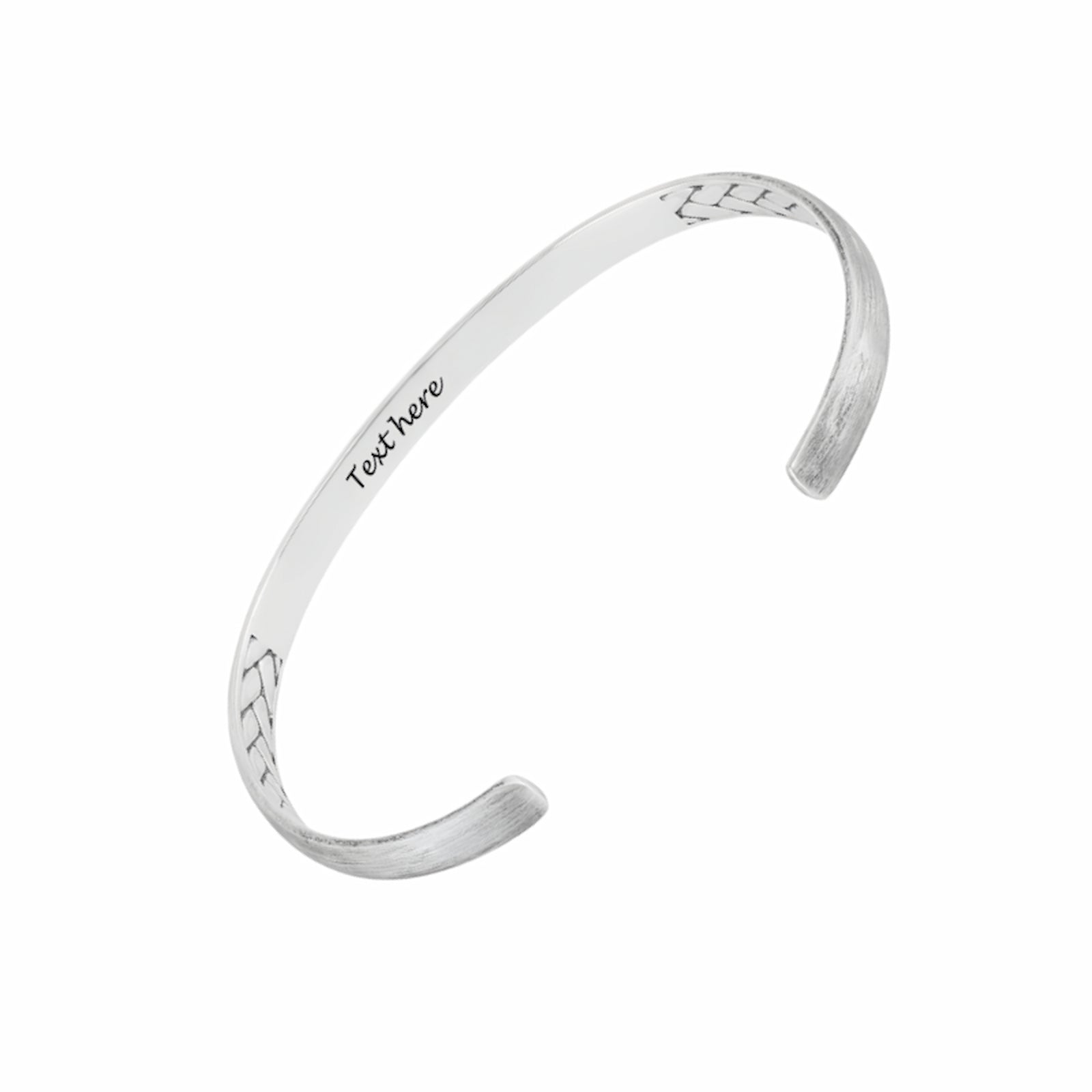 Personalized braided cuff bangle for men. Sterling silver engraved text, open design.