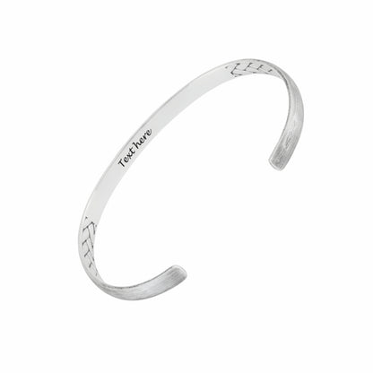 Personalized braided cuff bangle for men. Sterling silver engraved text, open design.
