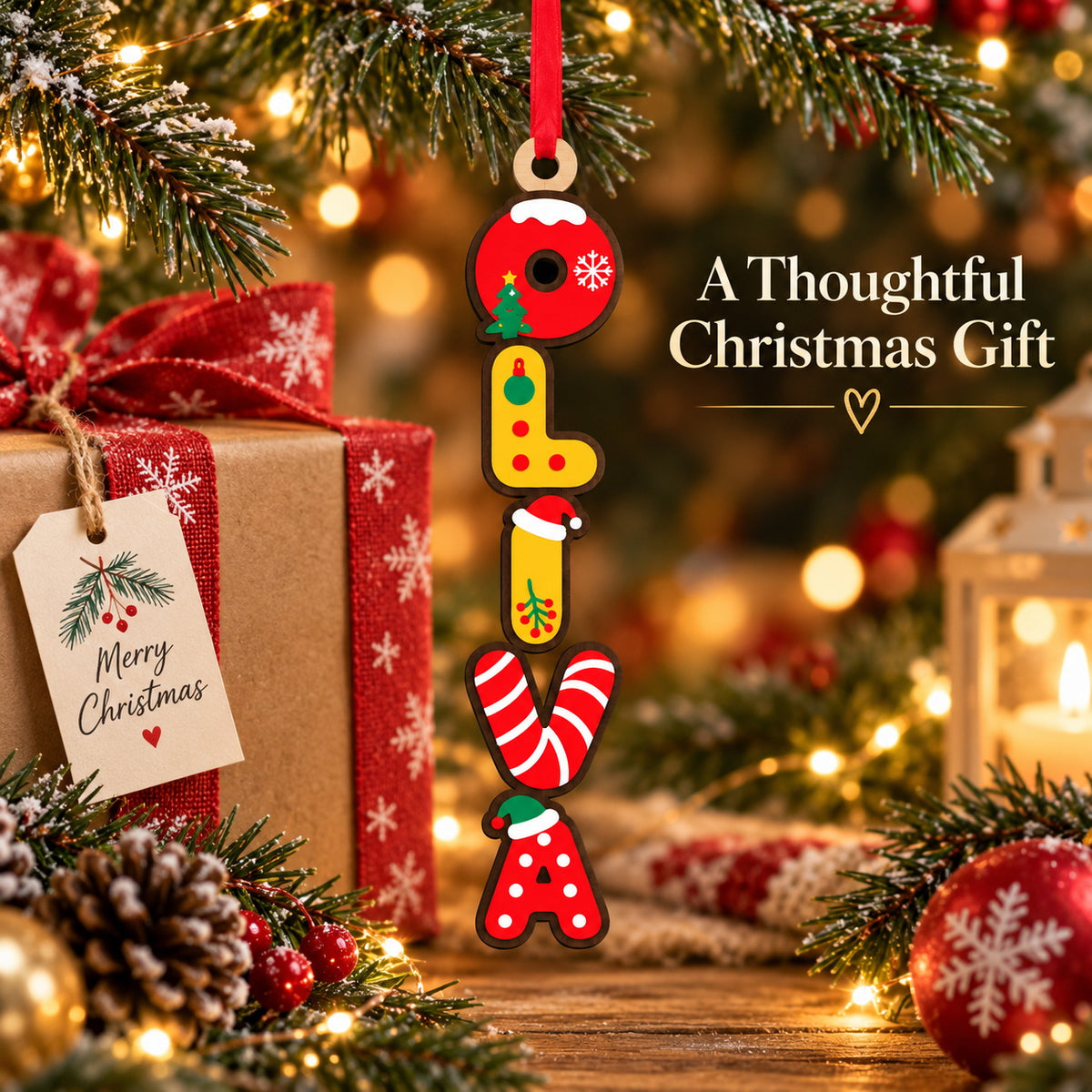 Personalized Christmas name ornament gift display