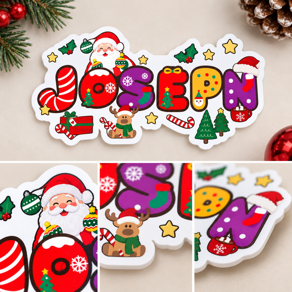 Jason Closeup details of personalized Christmas name sticker