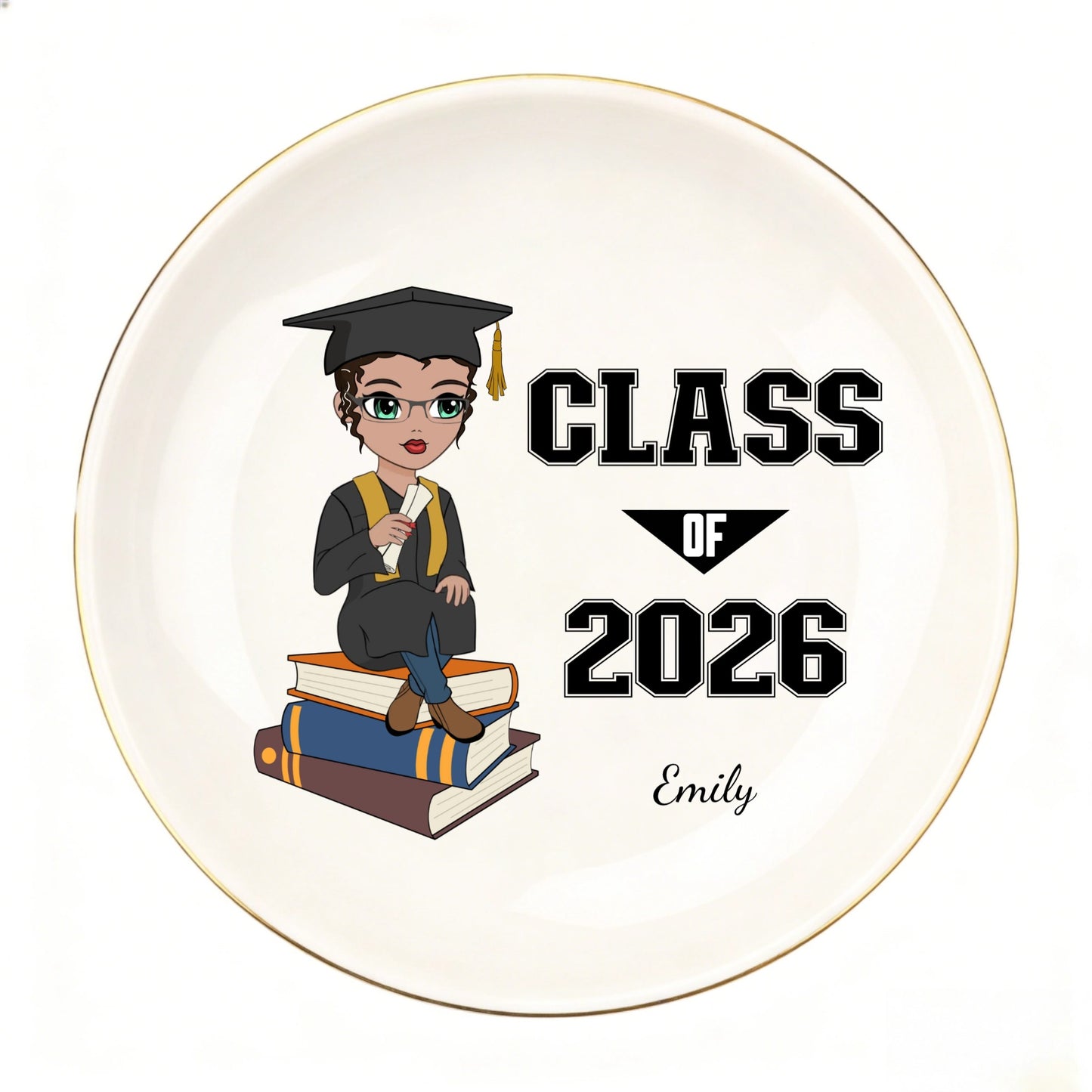 Custom Class of 2026 graduation jewelry dish for Emily.