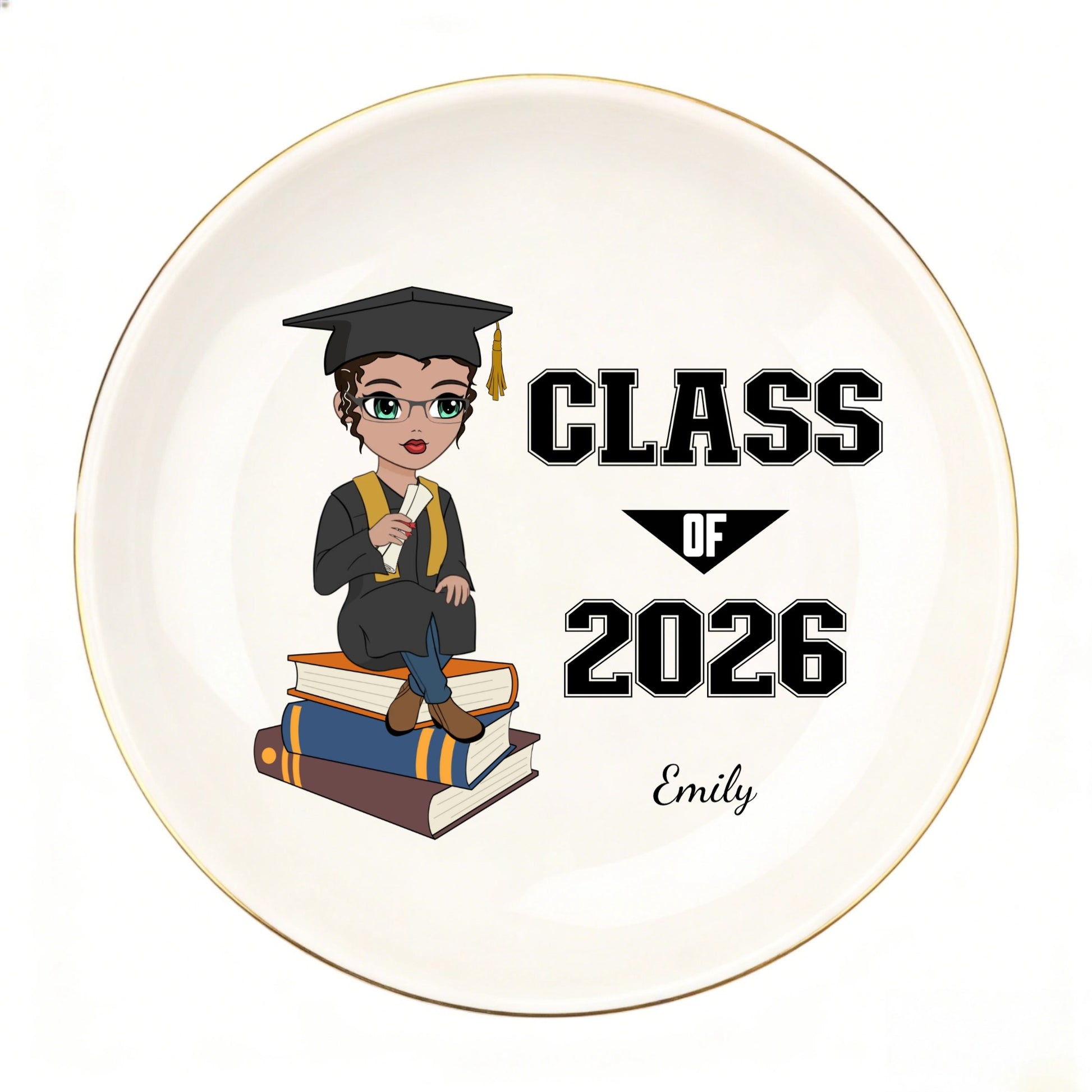 Custom Class of 2026 graduation jewelry dish for Emily.