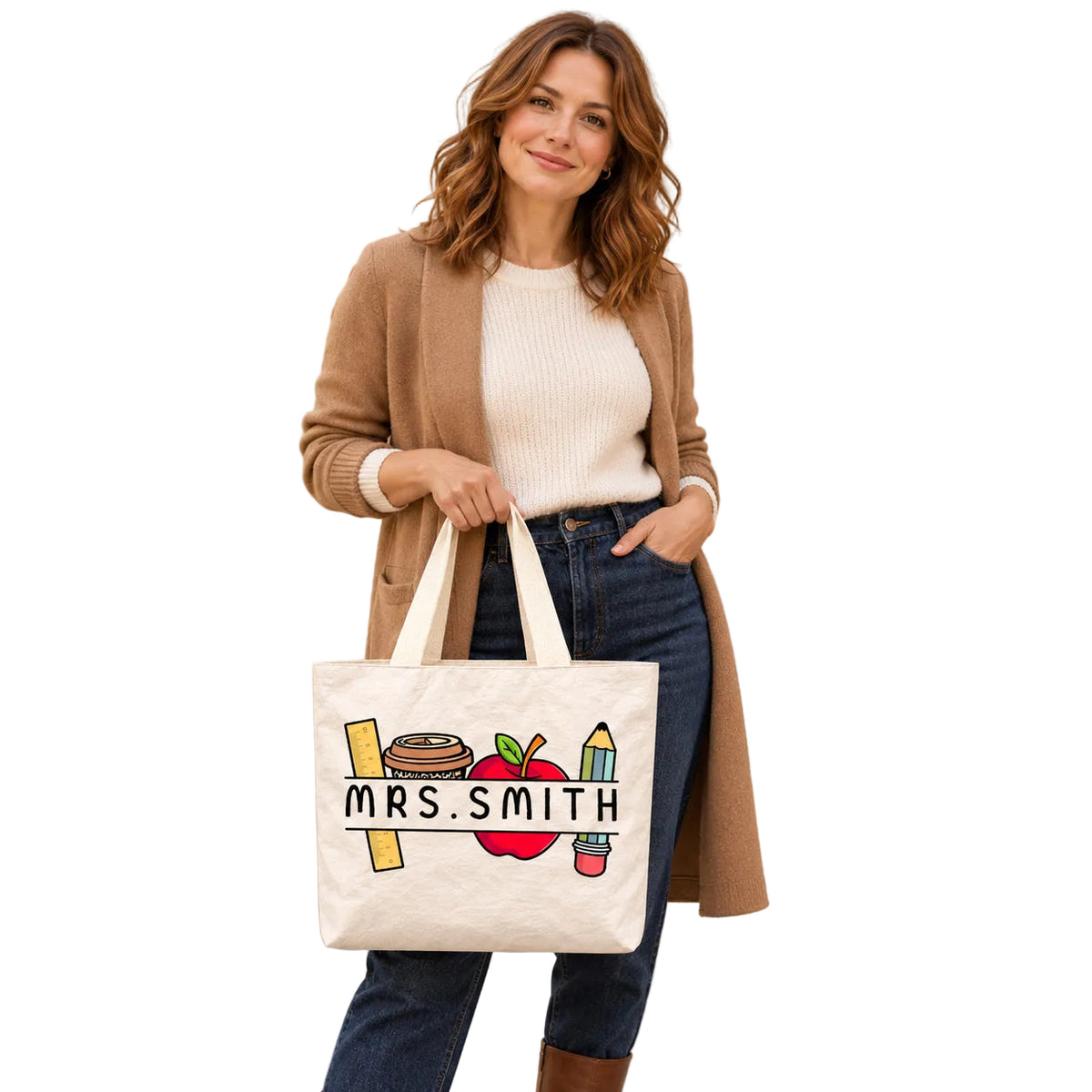 Personalized coffee school supplies teacher tote bag with custom name, carried by a model against a warm neutral backdrop.