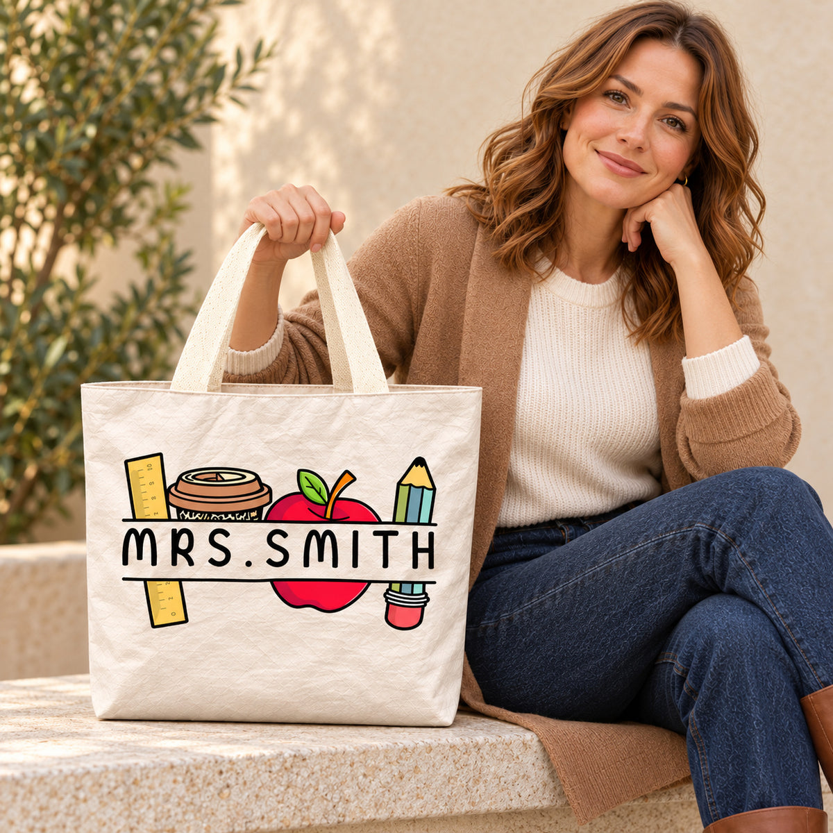Personalized coffee school supplies teacher tote bag with custom name, showing the crinkled paper-like surface and handles.
