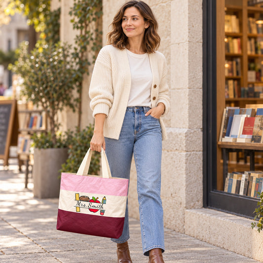 Woman in an ivory cardigan and jeans carrying the personalized colorblock teacher tote outside a bookshop.