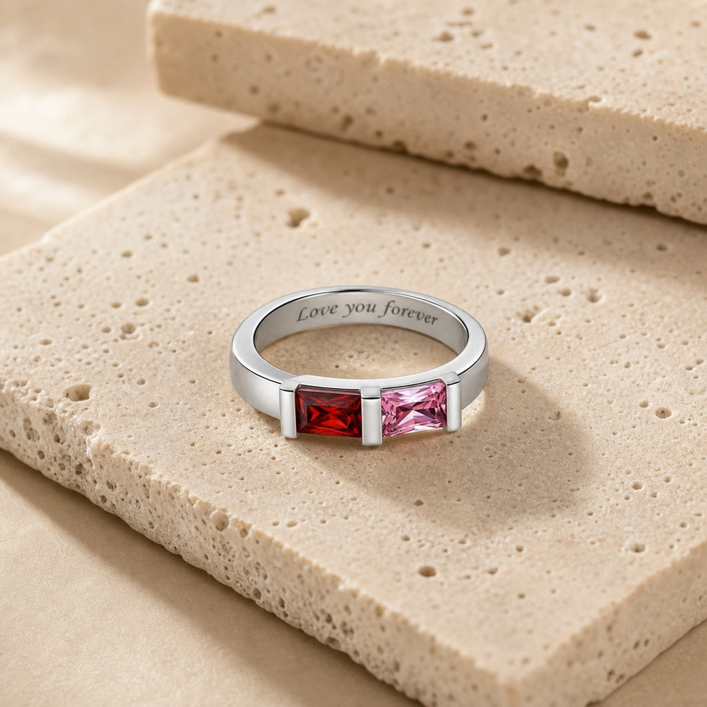 Custom baguette birthstone couple band ring stone display je