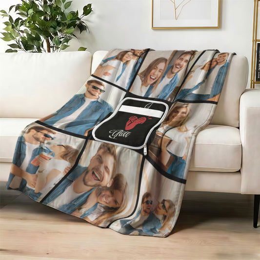 Custom foldable 2-in-1 blanket pillow with couple photos and heart.