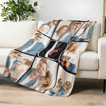 Custom foldable 2-in-1 blanket pillow with couple photos and heart.