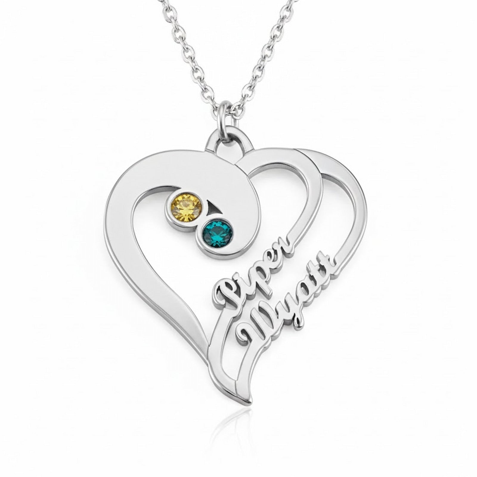 Personalized S925 sterling silver interlocking heart necklace with two custom engraved names and birthstones.