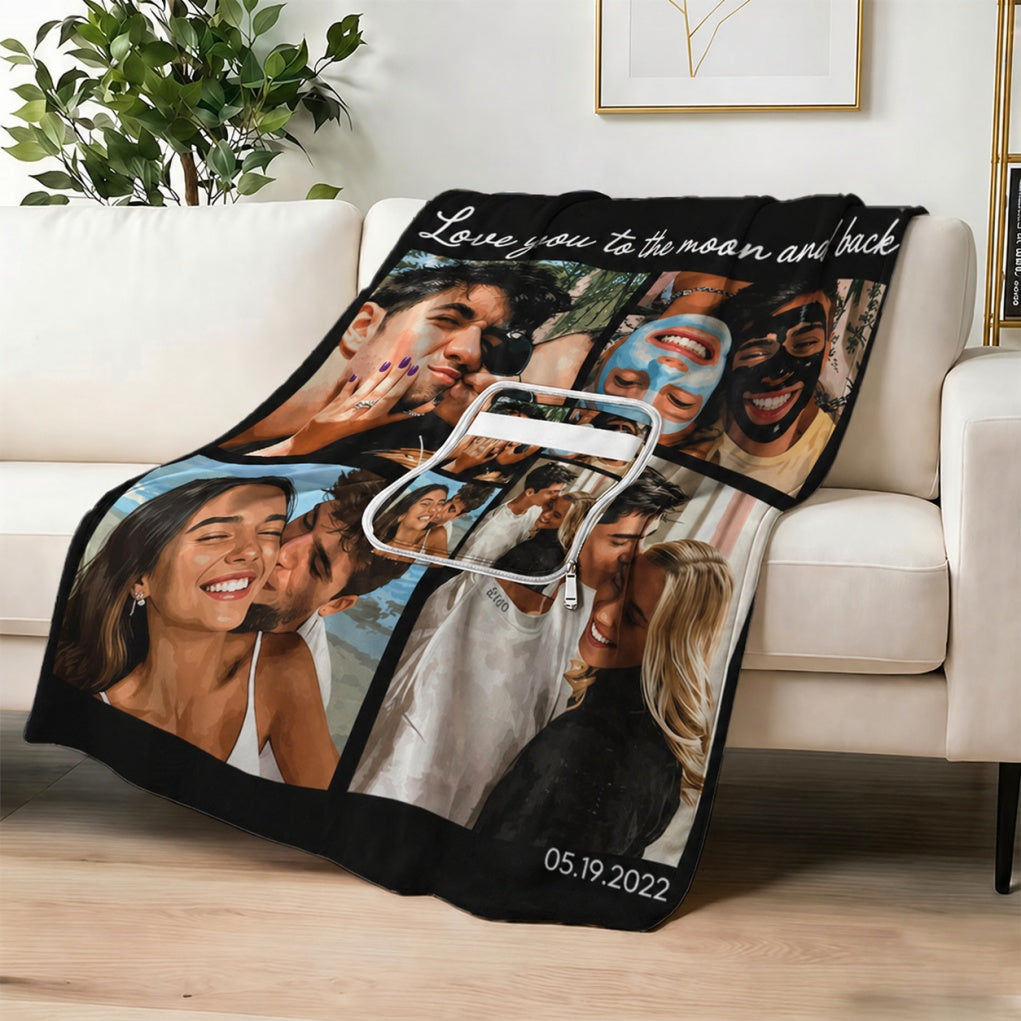 Personalized couple photo collage blanket on a sofa.