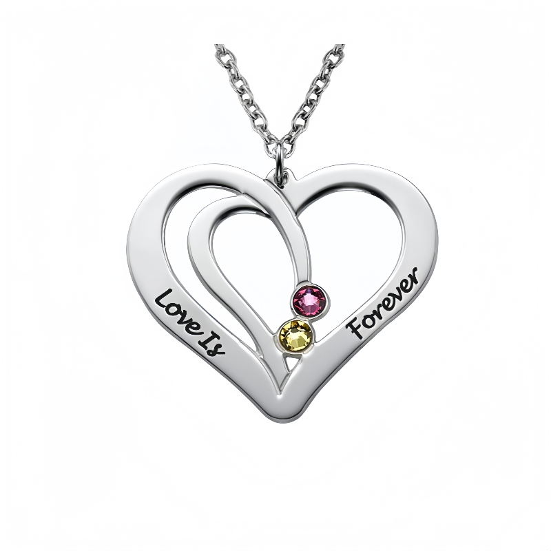 925 Silver Personalized Couple Heart Necklace with 2 Birthstones. Custom "Love Is Forever" text.