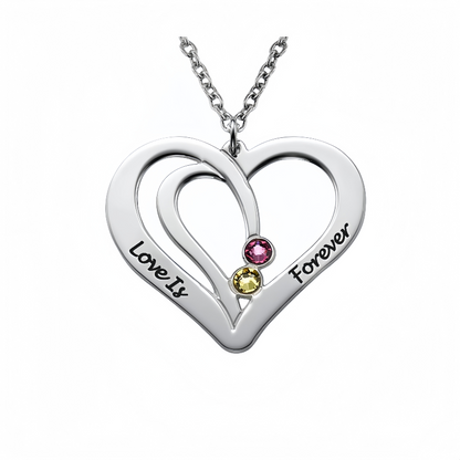 925 Silver Personalized Couple Heart Necklace with 2 Birthstones. Custom "Love Is Forever" text.