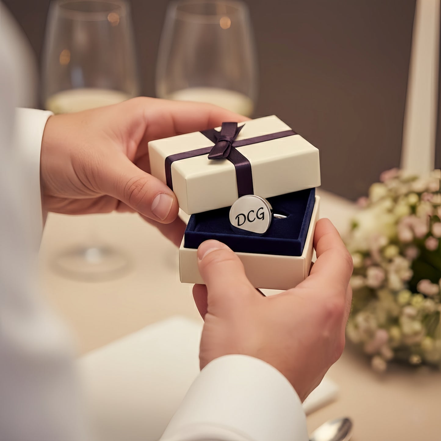 Hands opening gift box, personalized initial cufflinks for men, perfect for wedding gift.