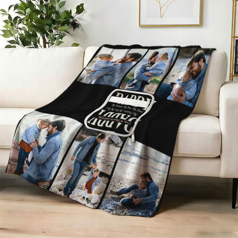Custom photo collage blanket for dad on sofa