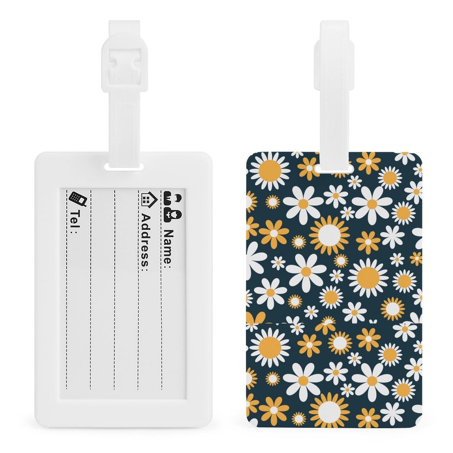 back	Personalized Daisy Travel Tag showing custom info card back and floral front.
